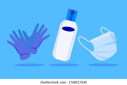 Medical Gloves, Medical Mask, Hand Sanitizer, Personal Protective Equipment, Vector Flat Illustration