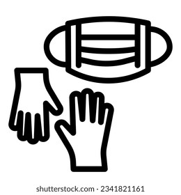 Medical gloves and mask line icon, coronavirus protection concept, mask and gloves for virus precautions sign on white background, safety measures in outline. Vector graphics.