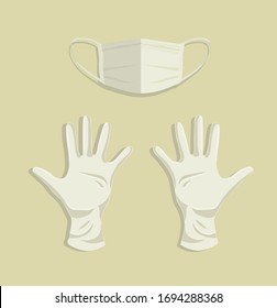 Medical gloves and mask protection on flat background. Medical objects for protection. 