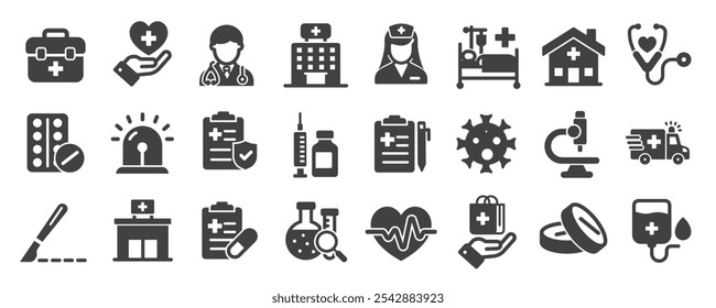 Medical glyph solid icons collection. Containing pharmacy, pill, prescription, health etc icons. For website marketing design, logo, app, template, ui, etc. Vector illustration.