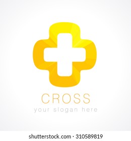 Medical gold colored logo. Pharmacy stained-glass plus cross in a soft shape. Tests, pharmaceutical, chemist's sign. Help symbol in multi pieces.