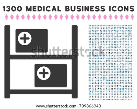 Medical Goods Shelves gray vector icon with 1300 healthcare commerce pictographs. Collection style is flat bicolor light blue and gray pictograms.