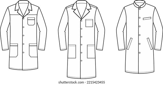 Medical gown flat sketch. Apparel design. Front view. Virus coronavirus covid 19 protection. Men CAD mockup. Technical drawing. Vector illustration.