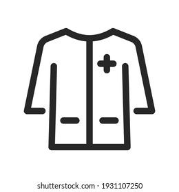 Medical gown icon for doctors and first aid workers and patients. Long sleeve, pockets. Vector thin line linear illustration. Editable outline for web, UI, stories highlights.