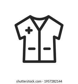 Medical gown icon for doctors and first aid workers and patients. Short sleeve, pockets. Vector thin line linear illustration. Editable outline for web, UI