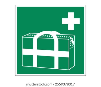 Medical Grab Bag Sign Featuring a Green Background with White Bag Icon and Cross, Indicating the Presence of Emergency Medical Supplies, Available as a Vector File, ISO 7010 E027