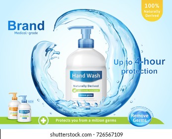 Medical grade hand wash ads, flowing clear liquid splashing around the dispenser bottle in 3d illustration