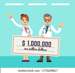 Medical grant. Doctors hold million dollar check. Investment in medicine or hospital, gift for clinic