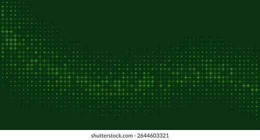 Medical green background. Healthcare circle pattern with glowing plus signs. Abstract futuristic digital backdrop with pixelated geometric elements. Modern technology vector illustration.