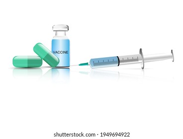 Medical green capsule and bottle Vaccination, Syringe isolated white background vector illustration  