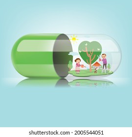 Medical green capsule with family  on blue background. Vector illustration
