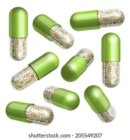 Medical green capsule with granules in different positions. Vector illustration