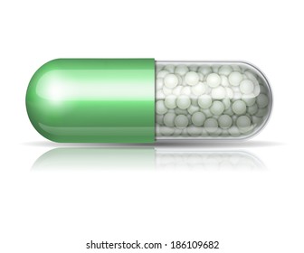 Medical green  capsule with granules on white background. Vector illustration