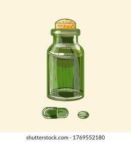 Medical green glass wide bottle and pills, hand drawn sketch art