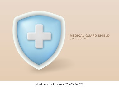 Medical guard shield 3D plastic icon. Medical insurance concept. emergency care, Icon of virus protection. Shield on light yellow background.