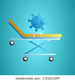 Medical gurney, hospital bed and deadly dangerous coronavirus infection disease covid-19 pandemic virus molecule on a blue background.