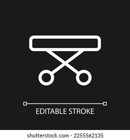 Medical gurney pixel perfect white linear ui icon for dark theme. Ambulance equipment. Vector line pictogram. Isolated user interface symbol for night mode. Editable stroke. Arial font used