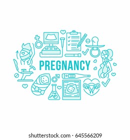 Medical, gynecology banner illustration. Obstetrics pregnancy vector line icons research, in vitro fertilization, ultrasound. Healthcare brochure, poster design.