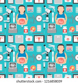 Medical gynecology and pregnancy seamless flat design with pregnant woman.Vector illustration