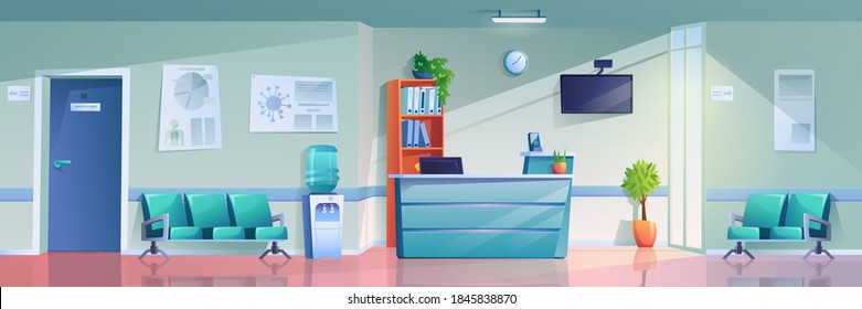 Medical Hallway, Reception With Doors And Empty Rows Of Seats, Schedules Of Doctors Work, Emergency Hospital Hall. Vector Medical Center Building Interior, Plants And Desk, Screen, Shelf With Folders