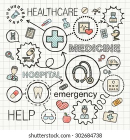 Medical hand draw integrated color icons set. Vector sketch infographic illustration with line connected doodle hatch pictograms on paper: healthcare, medicine, science, emergency, pharmacy concepts