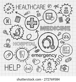 Medical hand draw integrated icons set. Vector sketch infographic illustration with line connected doodle hatch pictograms on paper: healthcare, doctor, medicine, science, emergency, pharmacy concepts