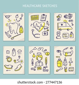 Medical hand draw integrated sketch set. Vector sketch illustration with line doodle. Vector illustration 