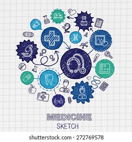 Medical hand drawing connected icons. Vector doodle interactive pictogram set. Sketch concept illustration on paper: Healthcare, health, care, medicine, pharmacy, social. Abstract infograph background