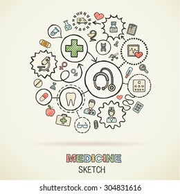 Medical hand drawing connected icons. Vector doodle interactive pictogram set. Sketch concept illustration on paper: Healthcare, health, care, medicine, pharmacy, social. Abstract background.