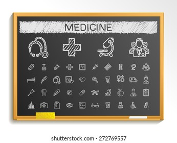 Medical Hand Drawing Line Icons. Vector Doodle Pictogram Set: Chalk Sketch Sign Illustration On Blackboard With Hatch Symbols: Hospital, Emergency, Doctor, Nurse, Pharmacy, Medicine, Health Care.