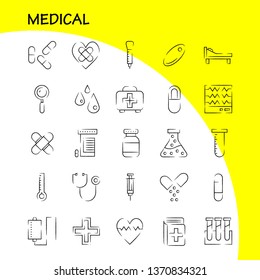 Medical Hand Drawn Icon Pack For Designers And Developers. Icons Of Health, Healthcare, Medical, Bandage, Breakup, Broken Heart, Medical, Vector