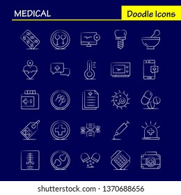 Medical Hand Drawn Icons Set For Infographics, Mobile UX/UI Kit And Print Design. Include: Computer, Beat, Pulse, Medical, Drug, Medical, Pills, Bone, Icon Set - Vector