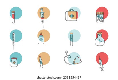 Medical hand drawn vector line icon, medicine doodle outline set on colorful background. Healthcare illustration