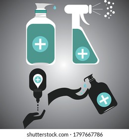 Medical Hand sanitizer containers icon set. Washing alcohol gel used against viruses, bacteria, flu, coronavirus. Waterless hand cleaner. Handwashing Black outline. Vector illustration, icon design gr