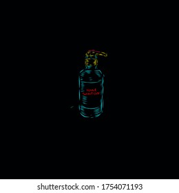 the medical hand sanitizer to protect from corona line pop art potrait logo colorful design with dark background. Isolated black background for t-shirt, poster, clothing, merch, apparel, badge design