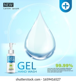 Medical  Hand Wash Gel Ads, Clear  Bottle In 3d Illustration