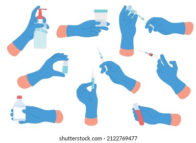 Medical hands. Doctor arms wearing surgical gloves hold different medical tools. Palms with injections and ampoules. Test tube and vaccine syringe. Vector instruments set