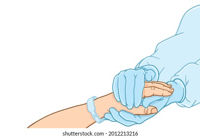 Medical hands in rubber gloves holding hands with coronavirus infected patients with wristbands, Hospital, Emergency, COVID-19 pandemic concept. Vector illustration, Copy space, isolated background.