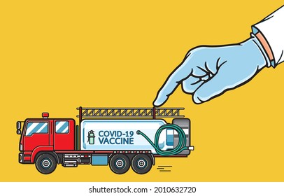 Medical hands in rubber gloves playing toy, health care, Fire truck carrying vaccine, Vehicle emergency, Transport, Delivery, Funny, COVID-19 pandemic concept. Vector illustration isolated background.