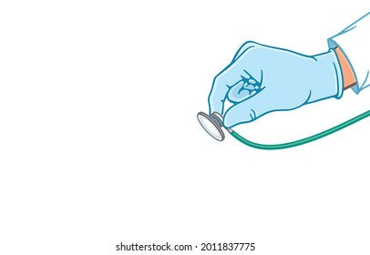 Medical hands in rubber gloves playing medical equipment,  Hospital, Stethoscope, Emergency rescue, Deliver, Funny, COVID-19 pandemic concept. Vector illustration, Copy space, isolated on background.