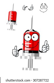 Medical happy syringe cartoon character with red medication, blood or vaccine for medicine or vaccination concept design