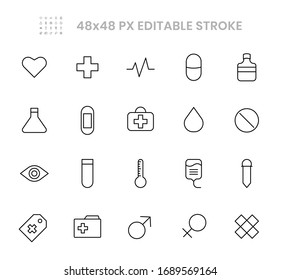 Medical and health 20 line icons design. Contains such as heartbeat, drugs, pills, pillboxes, infusions, hansaplast and more. 48x48 pixel editable stroke. Vector illustration Eps 10.