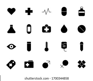 Medical and health 20 solid icons design. Contains such as heartbeat, drugs, pills, pillboxes, infusions, hansaplast and more. 48x48 pixel. Vector illustration Eps 10.