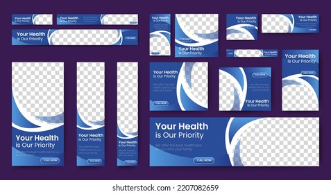 Medical Health banner design web template Set, Horizontal header web banner. Gradient Blue. cover header background for website design, Social Media Cover ads banner, flyer, invitation card