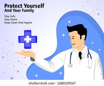 Medical health banner with a doctor's illustration and health signs so that we always keep ourselves healthy and clean to avoid an epidemic or a virus in flat , for web, social media, and other needs