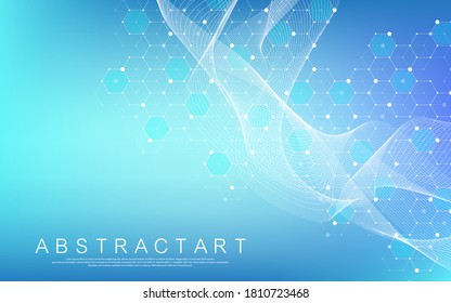 Medical health care banner template design. Background with green hexagons. Molecular structures, innovation pattern, genetic research. Medical concept. Scientific vector illustration.