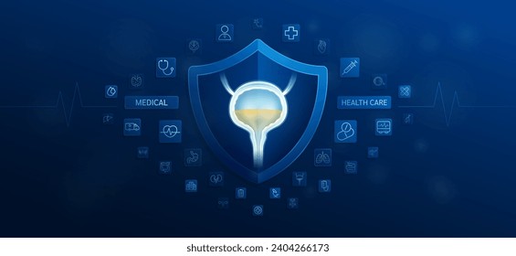 Medical health care. Bladder inside shield and medical equipment tools. Doctor icon, stethoscope syringe drug and symbol cross. Protect treat human organ healthy. Ads banner vector.