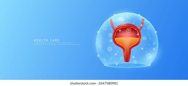 Medical health care. Bladder organ human model in dome transparent shield protection with medical network icons. Technology innovation digital for health. Banner vector.