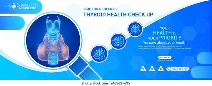 Medical health care check up. Thyroid human in stethoscope frame. Magnifying glass examining organ icon. Template design background banner for medical ads social media editable. Vector.