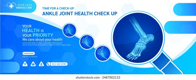 Medical health care check up. Ankle joint human in magnifying glass frame. Stethoscope examining organ icon. Template design background banner for medical ads social media editable. Vector.